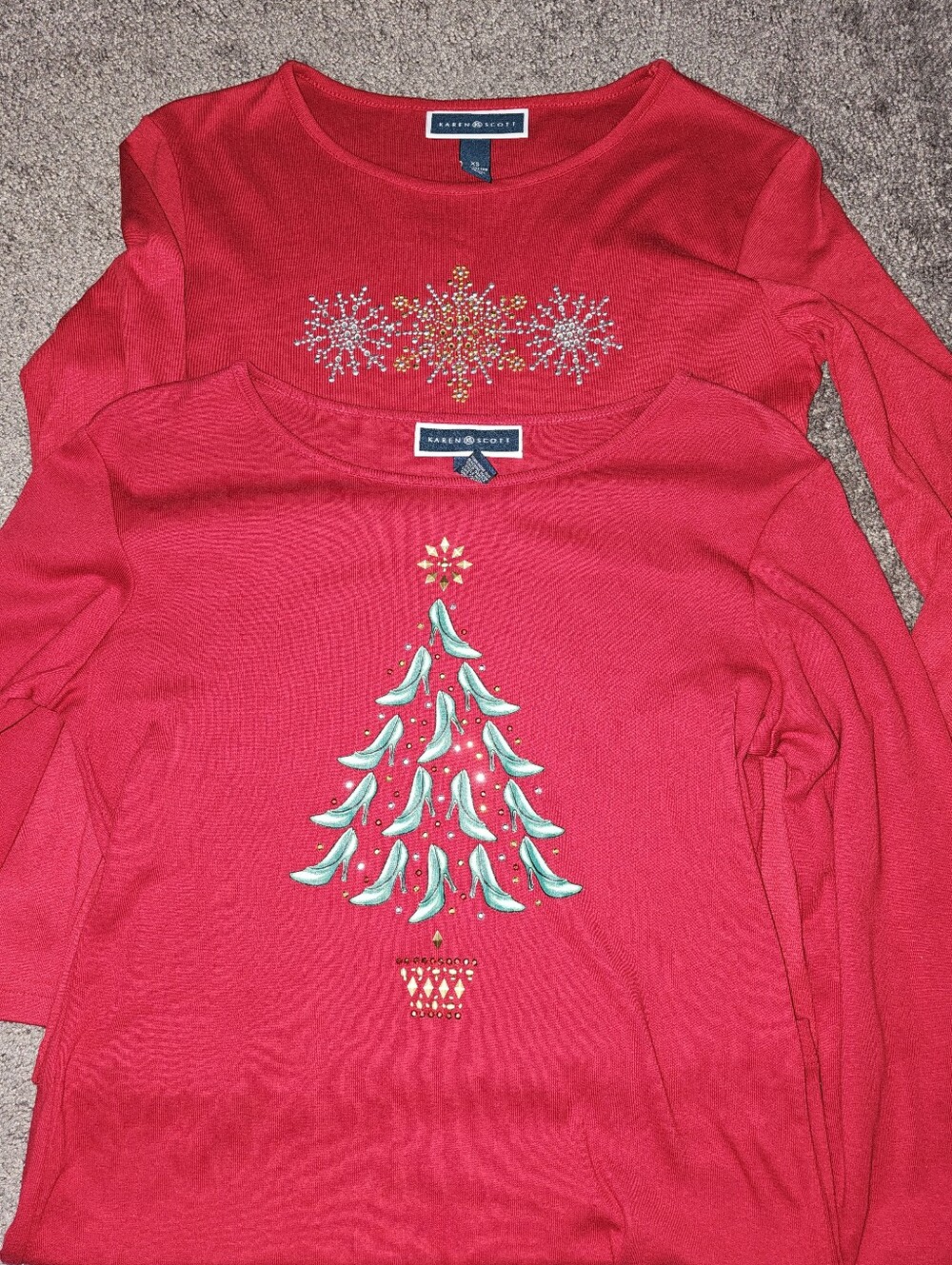 Christmas Long Sleeve Cotton Shirts Jewel & Applique Shoe Tree & Snowflake Sz XS